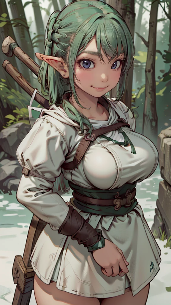 (cute elf ),(archer clothes),,(messy hairstyle),(large breasts:1.5),in forest background,(detailed archer's equipment),(Highest image quality, (8K), Ultra-realistic, Best Quality, High quality, High Definition, high quality texture, high detailing, Beautiful detailed, fine detailed, extremely details CG, Detailed texture, realistic representation of face, masterpiece, presence),(perfect hands)