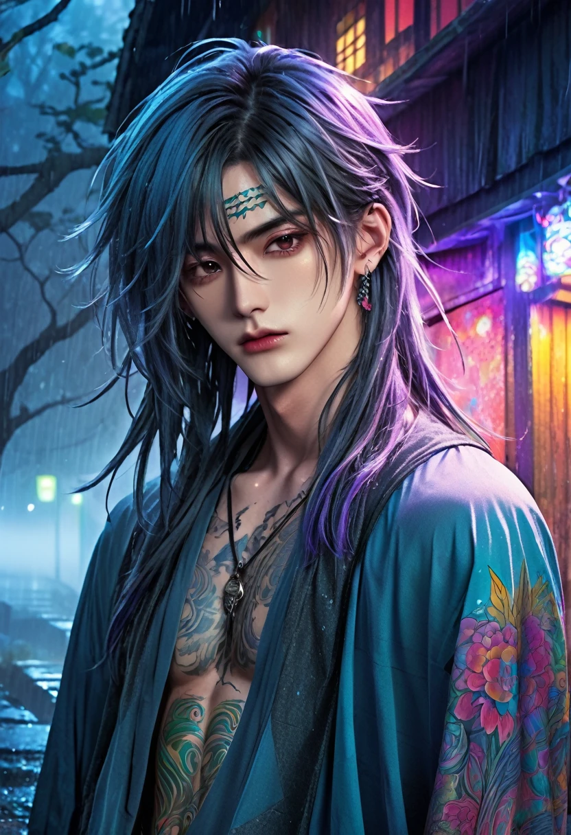 An ethereal sultryseductivedemonic 20 year old anime male druid with metallic long hair and tattoos, delicate masterpiece intimate glowing neon tattoos, anime druid demon male hellscape at night, manga inspired by Masashi Wakui, rainbow color palette, atmospheric fog, decay, worn textures, rain-soaked fantasy village, manga-style illustration --s 150 --ar 1:2 --c 5 Removed From Image