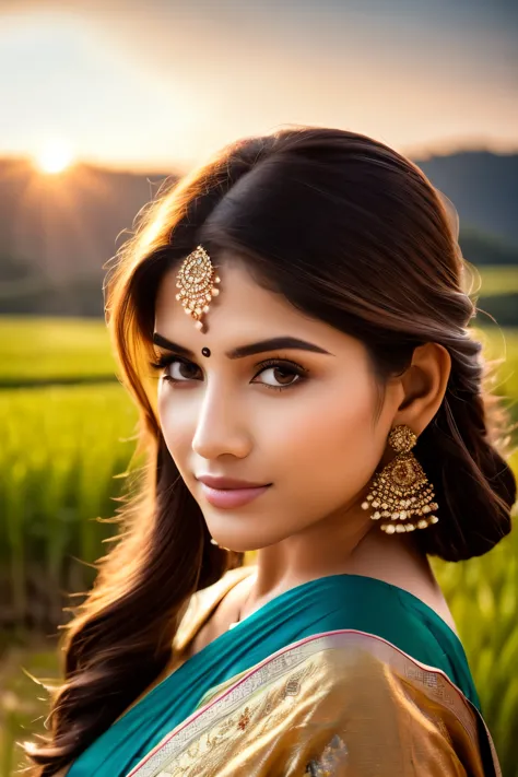 A beautiful sunrise over rice fields in India, Indian farmers harvesting rice, beautiful detailed eyes, beautiful detailed lips,...