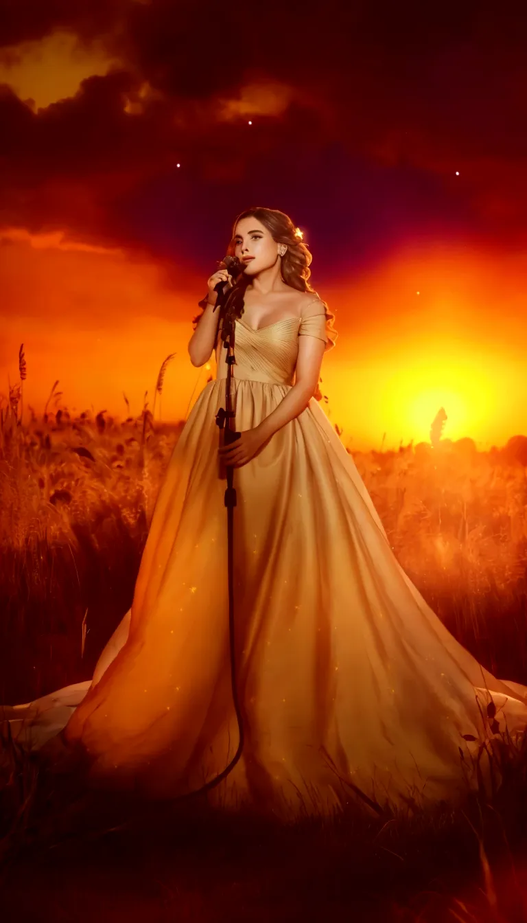 a pretty woman in a long dress singing into a microphone in a field, foreground background, performing, flowing gown, wearing a ...