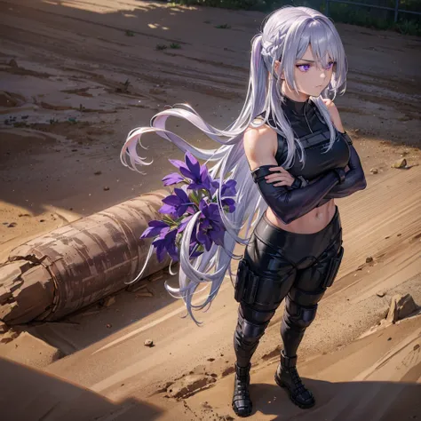 a woman with silver hair, purple eyes, wearing a black motocross uniform, on a clay and mud track, muscular, standing with her a...