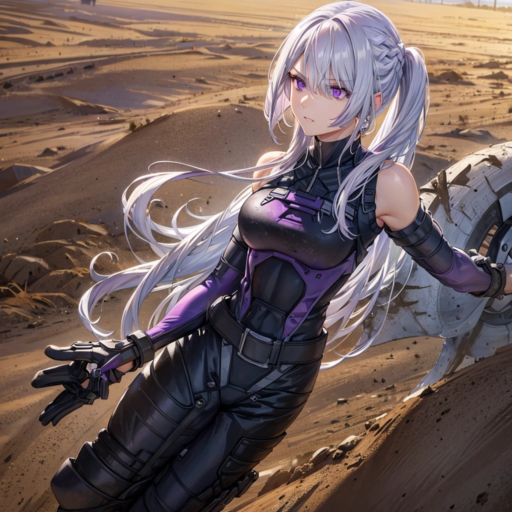 A woman with silver hair, purple eyes, wearing a black motocross uniform, on a clay and mud track, muscular, standing with her arms crossed, just a woman