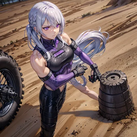 a woman with silver hair, purple eyes, wearing a black motocross uniform, on a clay and mud track, muscular, standing with her a...