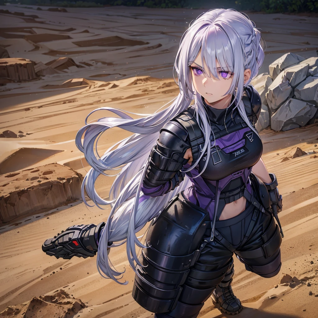 A woman with silver hair, purple eyes, wearing a black motocross uniform, on a clay and mud track, muscular, standing with her arms crossed, just a woman