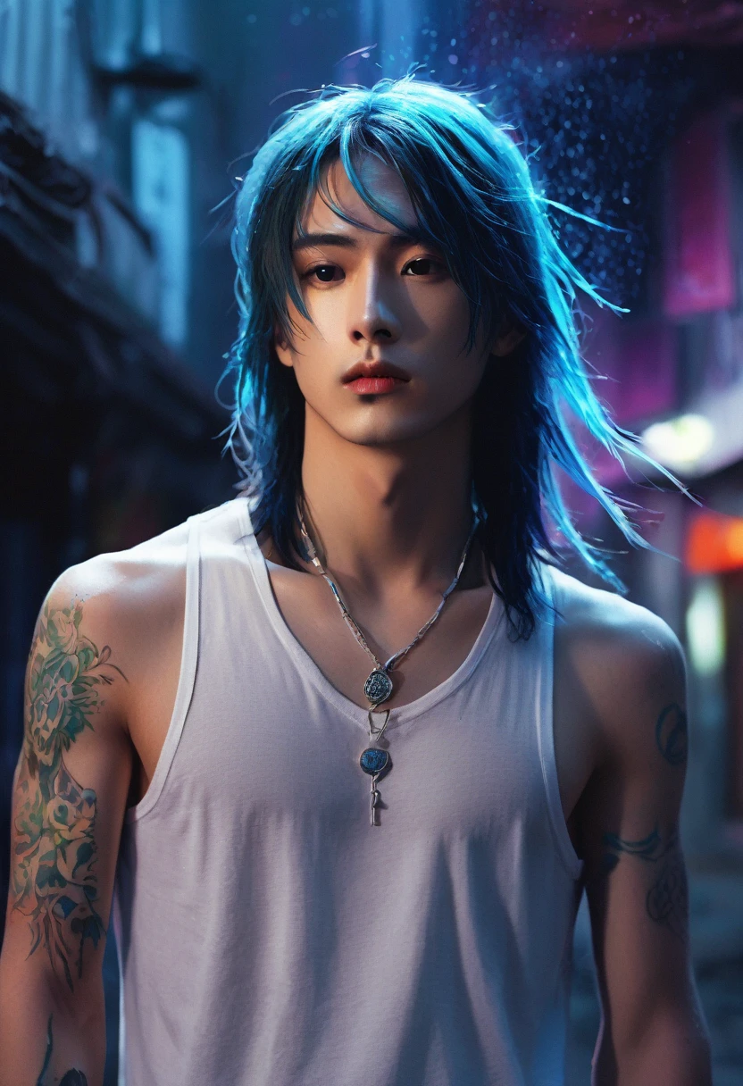 An ethereal sultryseductivedemonic 20 year old anime male druid with metallic long hair and tattoos, delicate masterpiece intimate glowing neon tattoos, anime druid demon male hellscape at night, manga inspired by Masashi Wakui, rainbow color palette, atmospheric fog, decay, worn textures, rain-soaked fantasy village, manga-style illustration --s 150 --ar 1:2 --c 5 Removed From Image