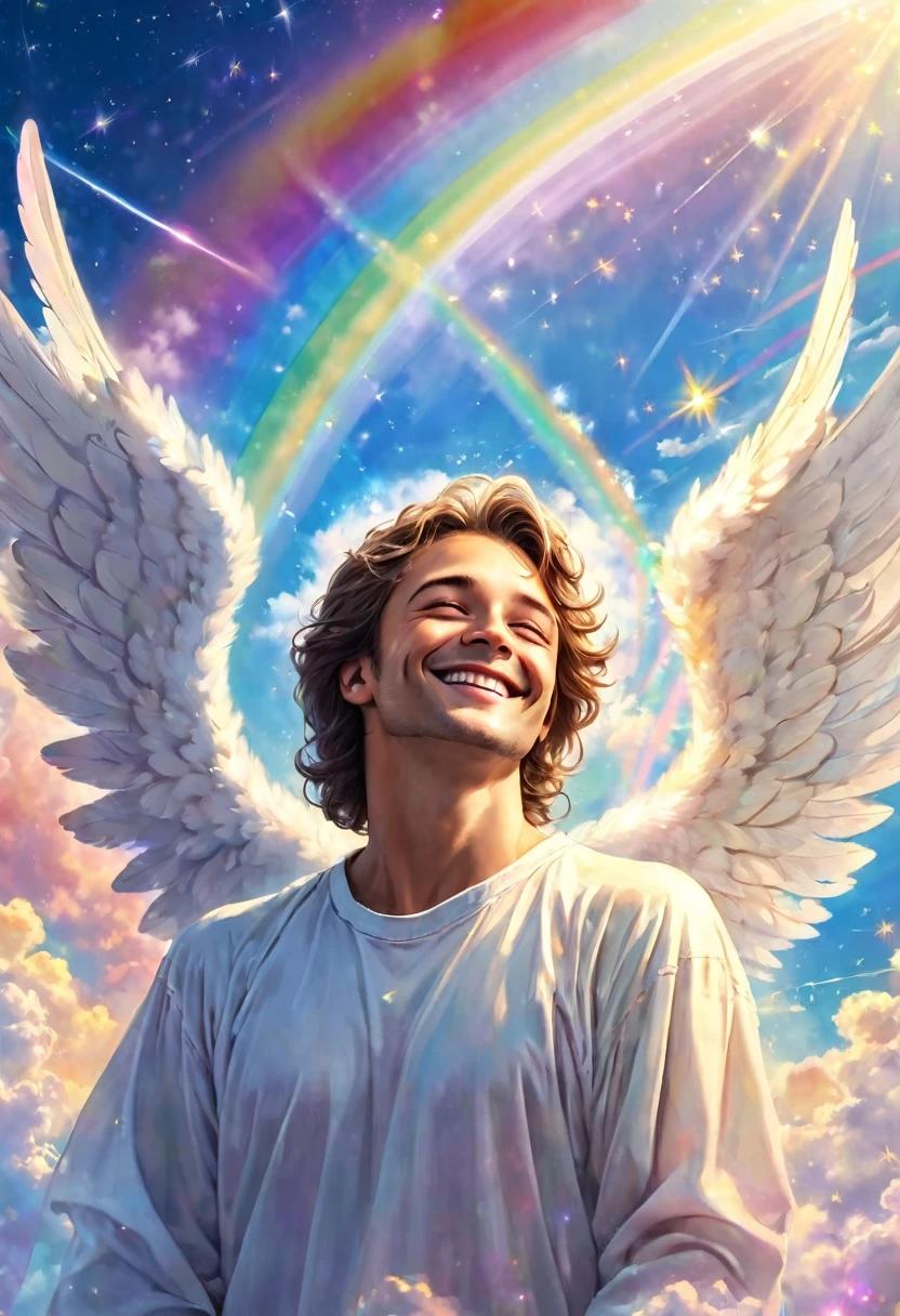 Close-up of a beautiful angel man  remembering joyful memories, miracles, smiling, love, healing, clouds, heaven, shooting stars, big rainbow colored light