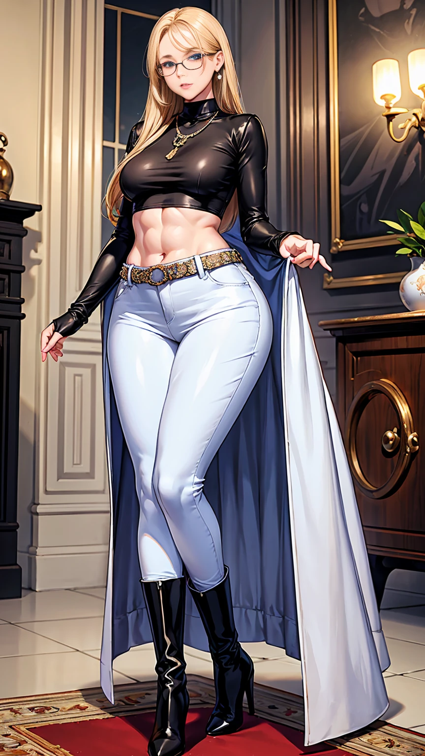 Beautiful girl with mid straight blond hair with blue eyes wearing Tight Long Jeans Skirt With Leather Belt, White Mid Sleeves Shirt, luxurious jewelry and luxurious necklace, rimless glasses, high heel boots, standing in her living room at night, (caucasian skin), (light brown lipstick), (elegant mascara), (slim body with abs), (small breasts), (wide hips), midjourney, <lora:GoodHands-, <lora:GoodLegs-, UHD, high resolution, (masterpiece:1.9, best quality), (expressive eyes, perfect face, full body, expressive face, perfect body, perfect pussy, athletic, fit, slim body, blushing, Perfect makeup, eyeliner, beautiful eyelashes, smiling, horny face), ((best illumination, best shadows)), ((sexy pose)), ((13 years old))