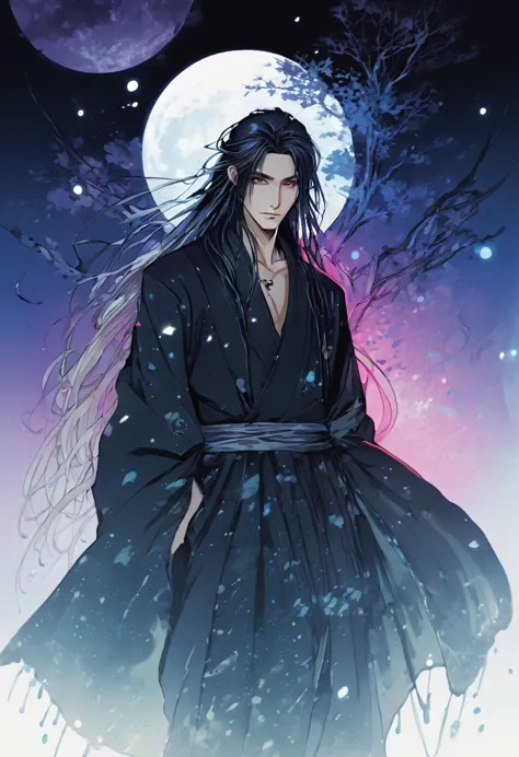 an ethereal sultryseductivedemonic 20 year old anime male druid with metallic long hair and tattoos, delicate masterpiece intima...