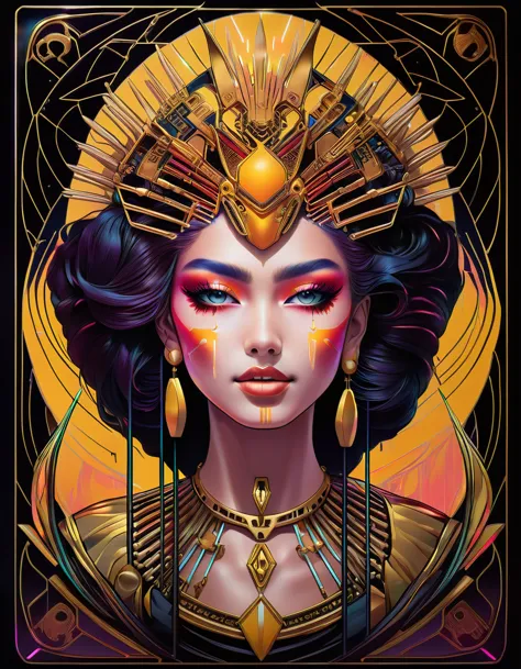 fusion graphic tarot cards, a teenage fashion model wearing an exo-skeleton mask, vibrant colors, futuristic cyberpunk style, in...