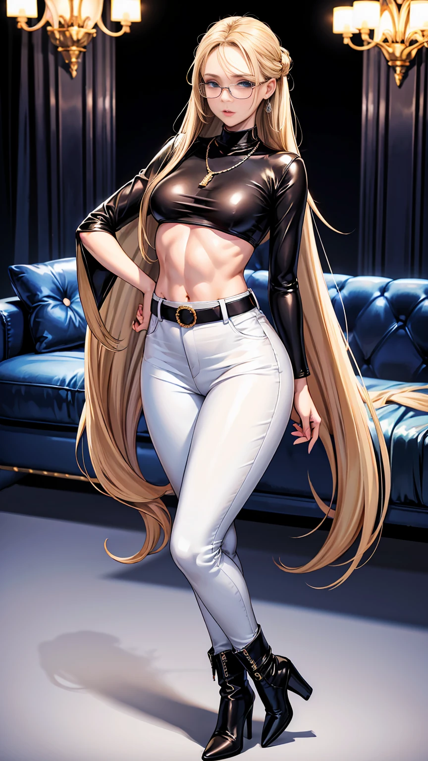 Beautiful girl with mid straight blond hair with blue eyes wearing Tight Long Jeans Skirt With Leather Belt, White Mid Sleeves Shirt, luxurious jewelry and luxurious necklace, rimless glasses, high heel boots, standing in her living room at night, (caucasian skin), (light brown lipstick), (elegant mascara), (slim body with abs), (small breasts), (wide hips), midjourney, <lora:GoodHands-, <lora:GoodLegs-, UHD, high resolution, (masterpiece:1.9, best quality), (expressive eyes, perfect face, full body, expressive face, perfect body, perfect pussy, athletic, fit, slim body, blushing, Perfect makeup, eyeliner, beautiful eyelashes, smiling, horny face), ((best illumination, best shadows)), ((sexy pose)), (())