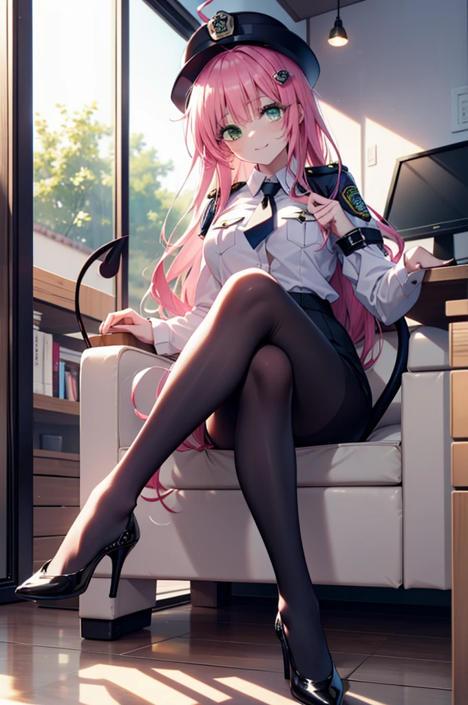 Lara Deviluke, Lara Deviluke, Long Hair, Pink Hair, tail, Ahoge, bangs, hair ornaments, (Green Eyes:1.5), smile,blush,Open your mouth,demon tail,Police hat with black rimmed glasses,Sexy police uniform,Black pencil skirt, black pantyhose,Stiletto heels,sitting cross-legged on a chair,There is a computer on the table,interior,whole bodyがイラストに入るように,
break outdoors, office 
break looking at viewer,whole body,
break (masterpiece:1.2), Highest quality, High resolution, unity 8k w全てpaper, (shape:0.8), (beautiful detailed eyes:1.6), extremely detailed face, Perfect lighting, extremely detailed CG, (Perfect hands, Perfect Anatomy),