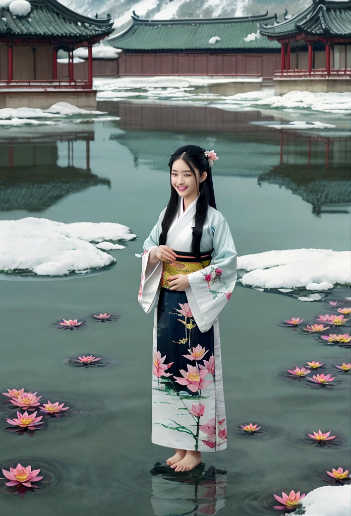 Chinese painting, lotus, hanfu, maxiskit, dress conservatively 1girl, solo, long hair, smile, standing, feet in the water, barefoot, snow in background