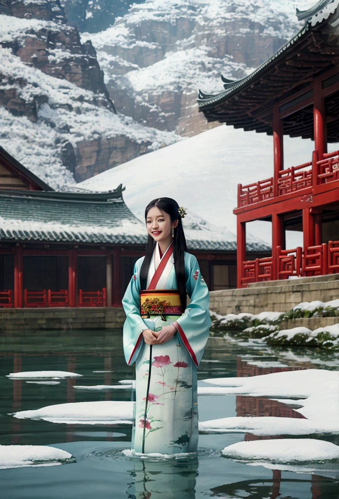 Chinese painting, lotus, hanfu, maxiskit, dress conservatively 1girl, solo, long hair, smile, standing, feet in the water, barefoot, snow in background