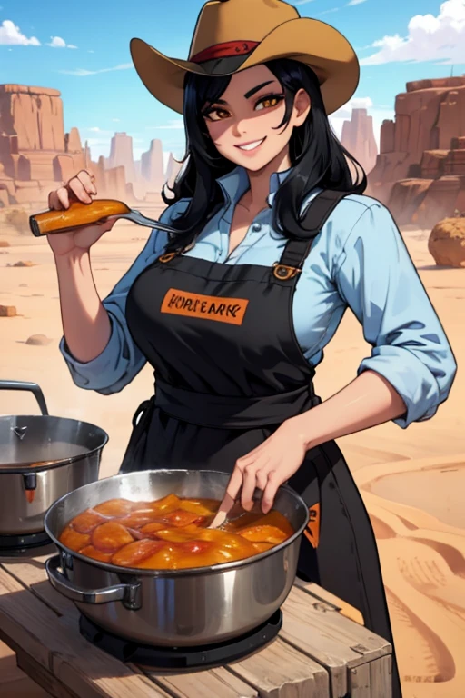 perfect face, perfect hands. A black haired female cowgirl with orange eyes in a conservative cowgirl outfit is cooking dinner in the desert with a big smile