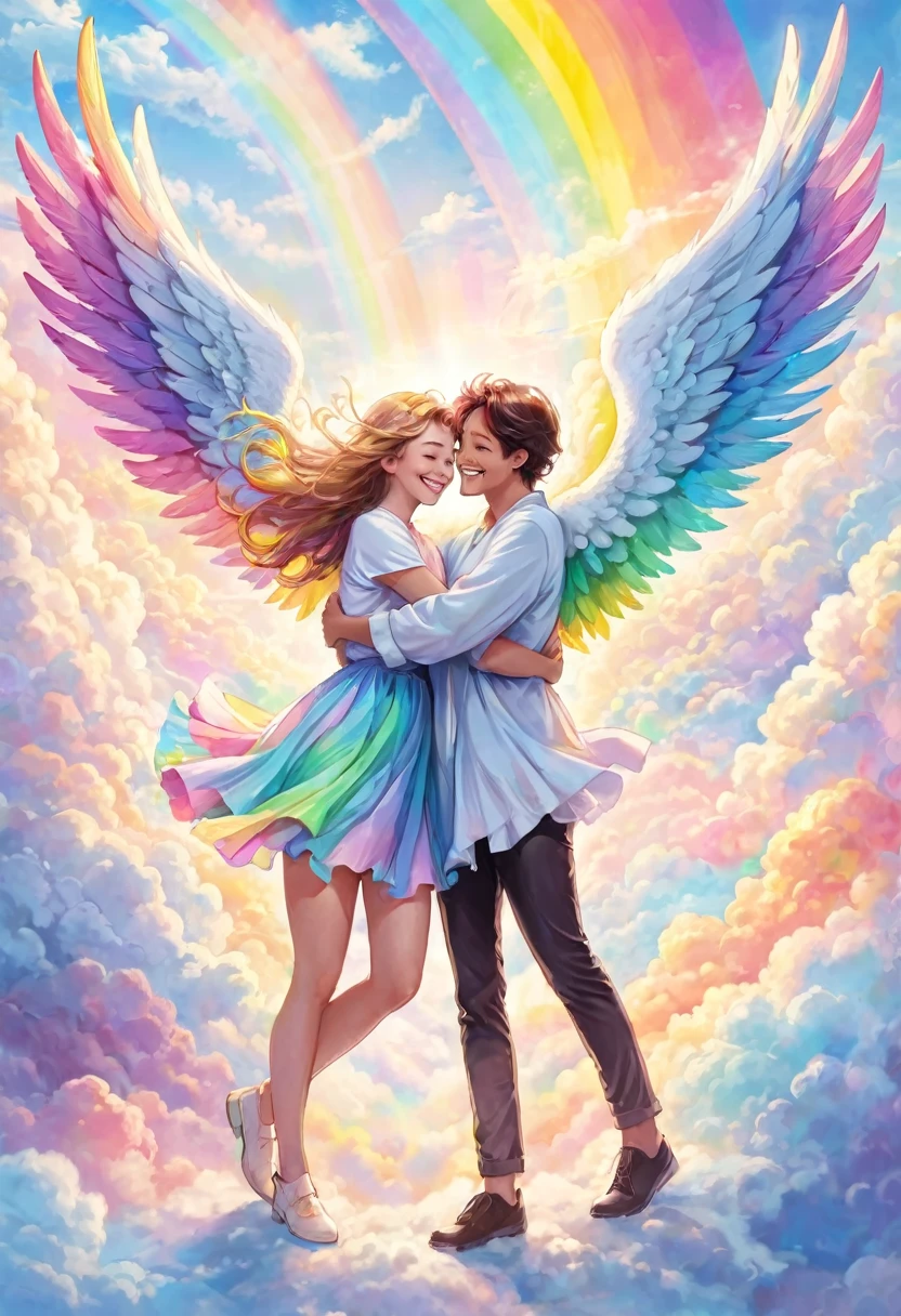 Beautiful male angel and beautiful female angel with rainbow colored wings in pastel colors are smiling and hugging, joy, in front of the white big gates of heaven, above the clouds, on the earth