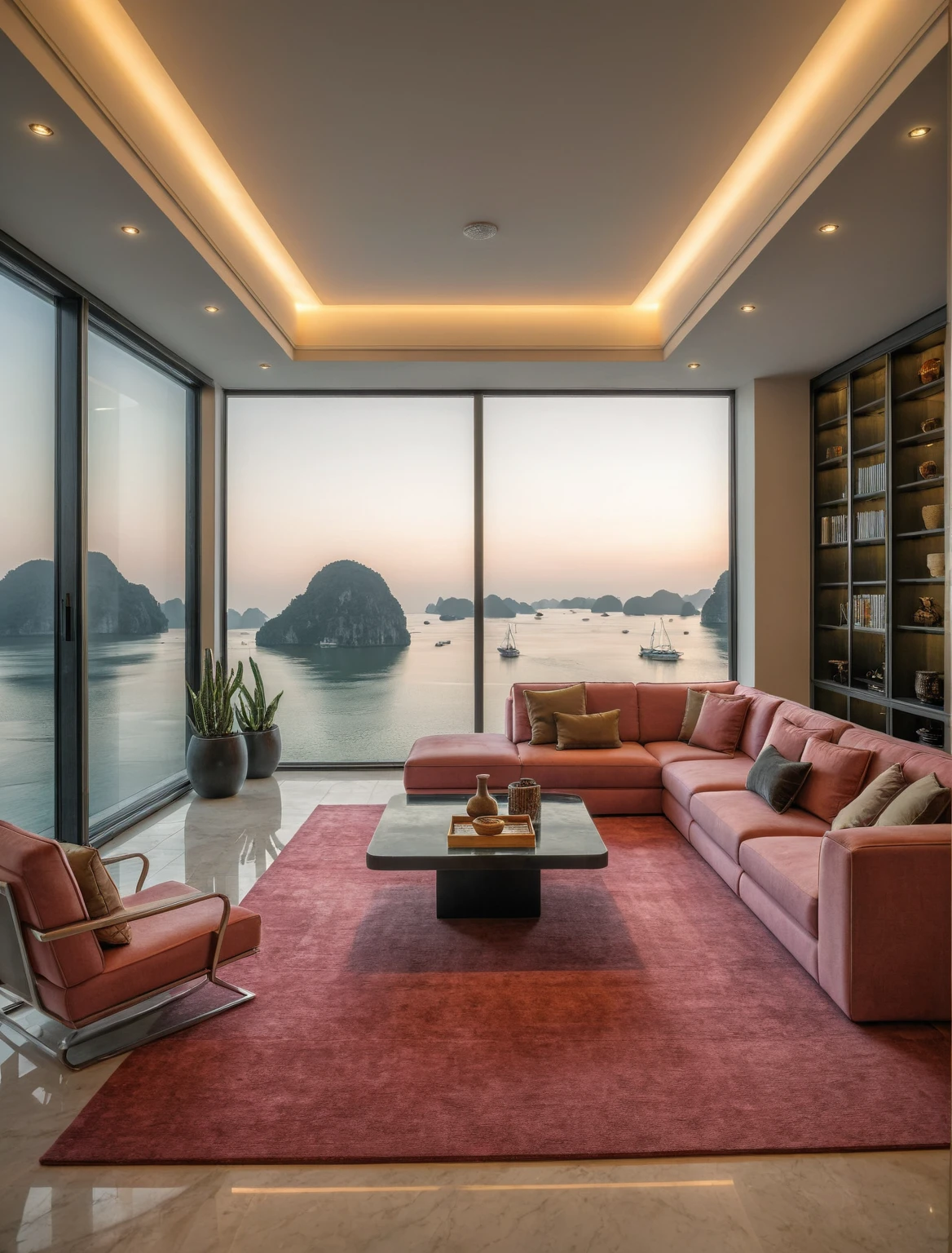 Raw photo,Masterpiece, high quality, best quality, authentic, super detail, interior, livingroom style modern luxury , sunset, evening light, sofa, tea table, carpet, flower vase on tea table, wine bottle, tray, armchair, wine cabinet, books, glass cabinet doors, snake plant pot, downlight, windows overlooking the sunset halong bay, (((black and pink tones))), floor tones black