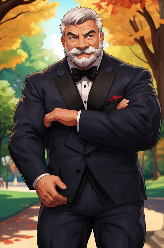 a muscular old man in park, happy, suits, vector, mwvector, bokeh, smile, (masterpiece:1.2),(best quality,8k),huge and muscular,thick arms,short hair,white hair