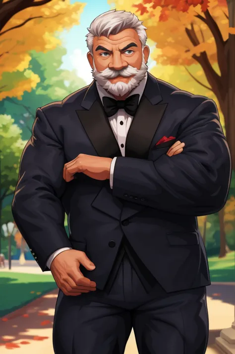 a muscular old man in park, happy, suits, vector, mwvector, bokeh, smile, (masterpiece:1.2),(best quality,8k),huge and muscular,...