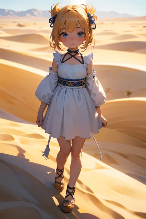 Chibi Girl、Walking through the desert under the scorching sun、Sweat、heat haze、Cute Shoes、whole body、A landscape of nothing but s...