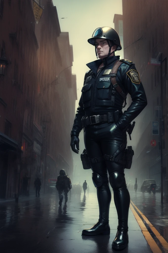 Very detailed, Very realistic, Very sharp, Hyperrealism, Ultra-realistic, Highest quality, arms, Are standing, Shiny, holster, adult long face, 50 years old, Sharp jaw, face visible, Very short hair, face, adult face, long face, rough face, Helmet, no skin, Military pose, Helmet, holster, Harness, Black Latex Dieselpunk Police, plating, Heavy shoulder, in line, male