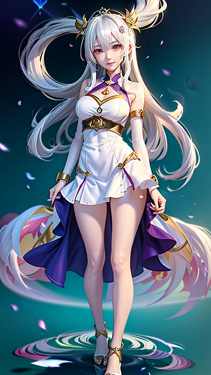 Anime girl in white with a flowing white dress and gold accents., Whole Xianxia, white haired god, ((Beautiful Fantasy Empress)), flowing white coat, anime goddess, Hess Jinyao, Beautiful Fantasy Empress, long, fine white hair, Flowing magic cloak, Anime Barbie in a white dress, beautiful heavenly mage, goddess. Very high detail