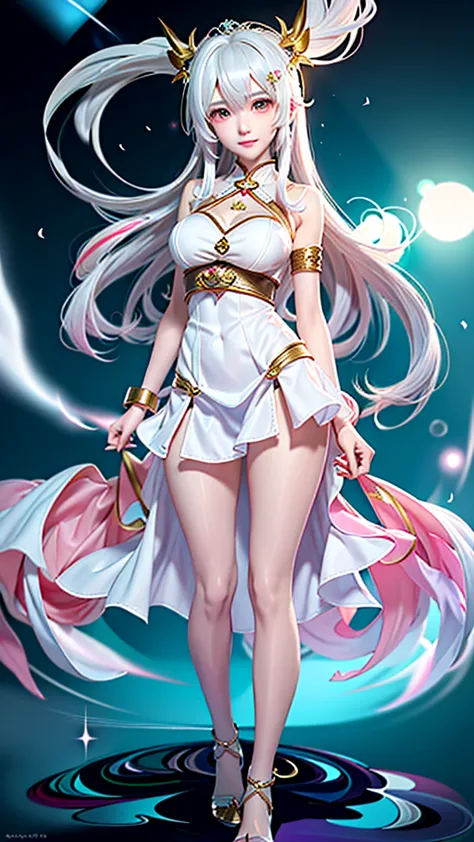 anime girl in white with a flowing white dress and gold accents., whole xianxia, white haired god, ((beautiful fantasy empress))...