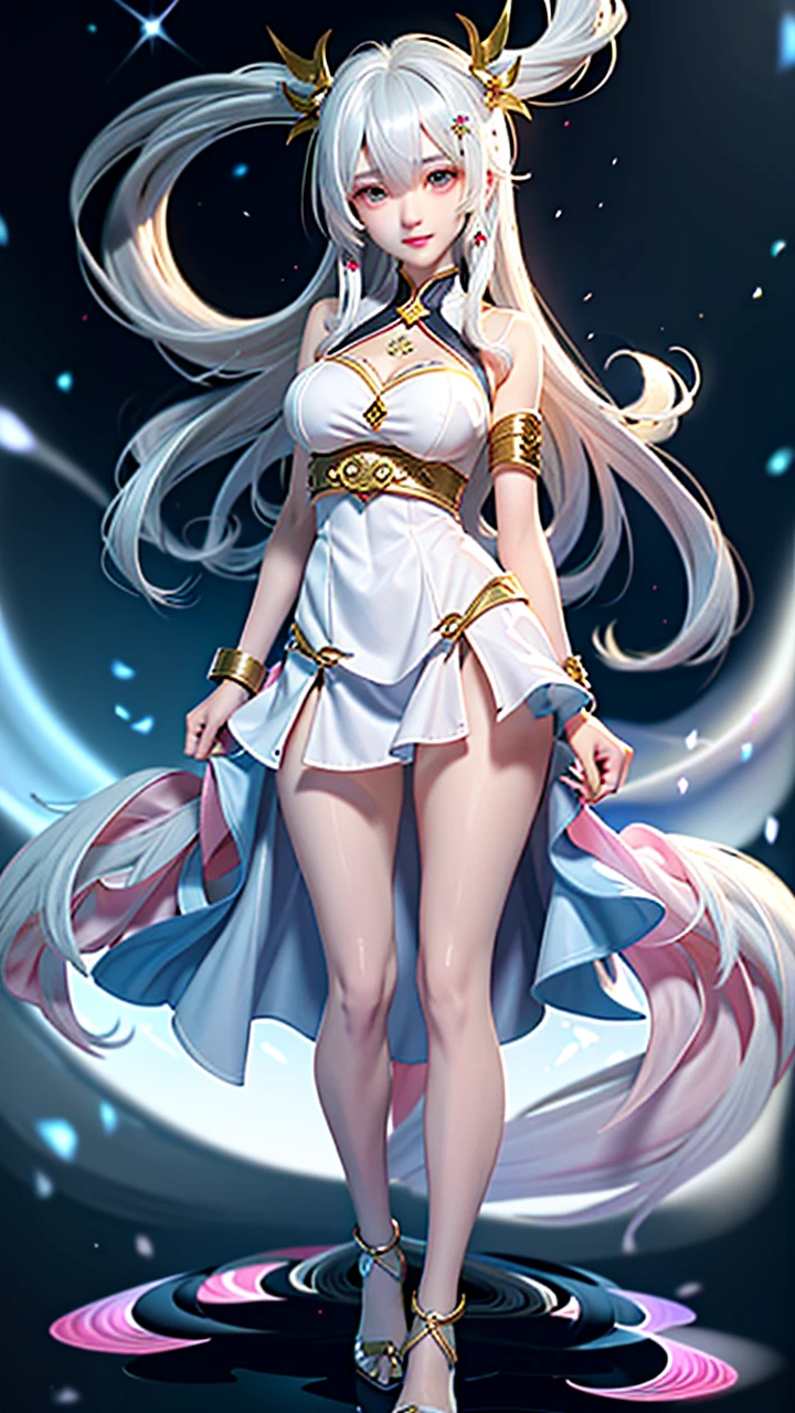 Anime girl in white with a flowing white dress and gold accents., Whole Xianxia, white haired god, ((Beautiful Fantasy Empress)), flowing white coat, anime goddess, Hess Jinyao, Beautiful Fantasy Empress, long, fine white hair, Flowing magic cloak, Anime Barbie in a white dress, beautiful heavenly mage, goddess. Very high detail