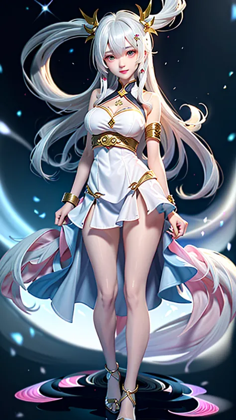 anime girl in white with a flowing white dress and gold accents., whole xianxia, white haired god, ((beautiful fantasy empress))...