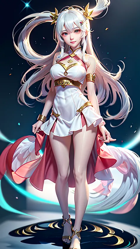 anime girl in white with a flowing white dress and gold accents., whole xianxia, white haired god, ((beautiful fantasy empress))...