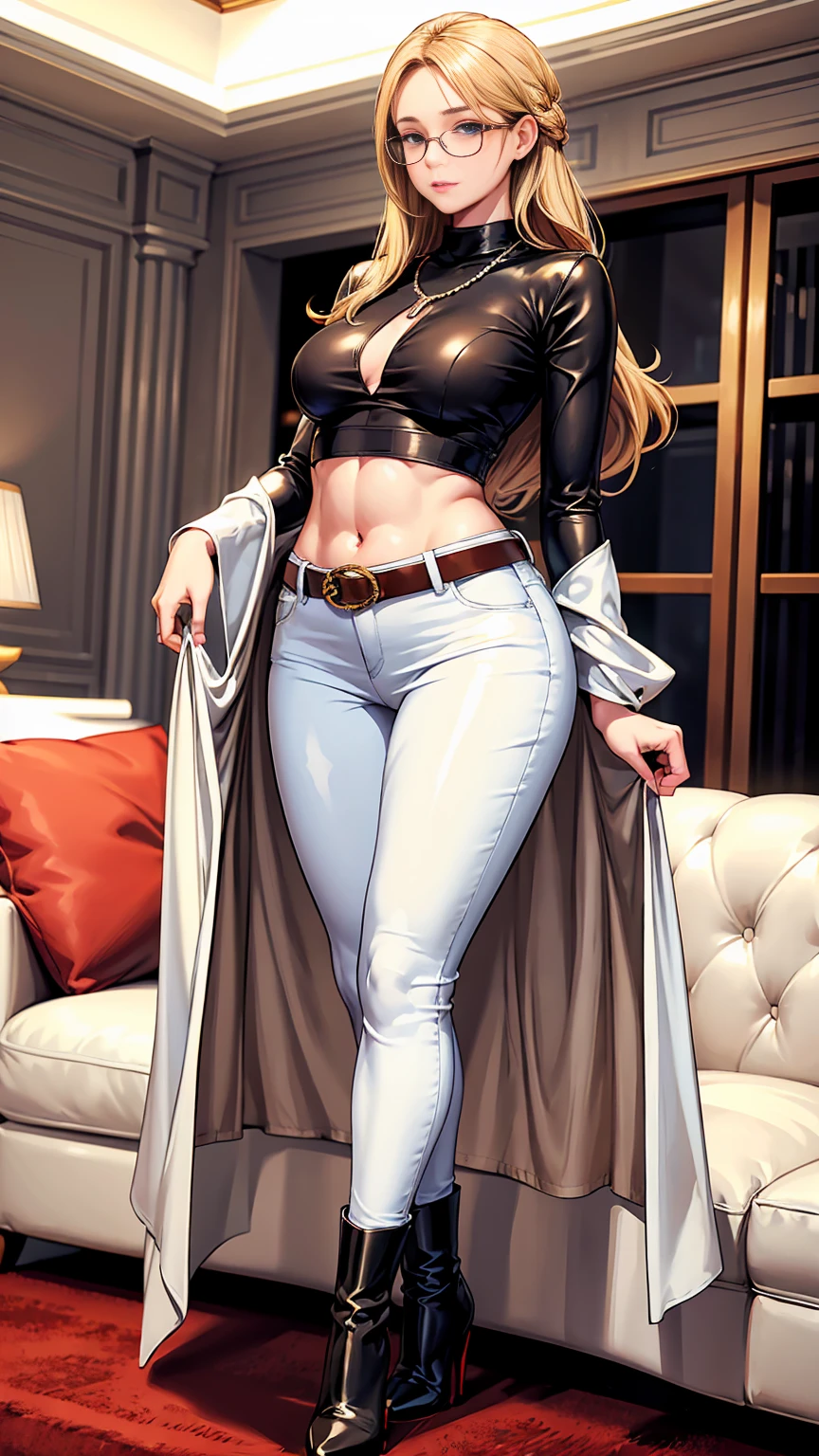 Beautiful girl with mid straight blond hair with blue eyes wearing Tight Long Jeans Skirt With Leather Belt, White Mid Sleeves Secretary Shirt, luxurious jewelry and luxurious necklace, rimless glasses, high heel boots, standing in her living room at night, (caucasian skin), (light brown lipstick), (elegant mascara), (slim body with abs), (small breasts), (wide hips), midjourney, <lora:GoodHands-, <lora:GoodLegs-, UHD, high resolution, (masterpiece:1.9, best quality), (expressive eyes, perfect face, full body, expressive face, perfect body, perfect pussy, athletic, fit, slim body, blushing, Perfect makeup, eyeliner, beautiful eyelashes, smiling, horny face), ((best illumination, best shadows)), ((sexy pose)), (())