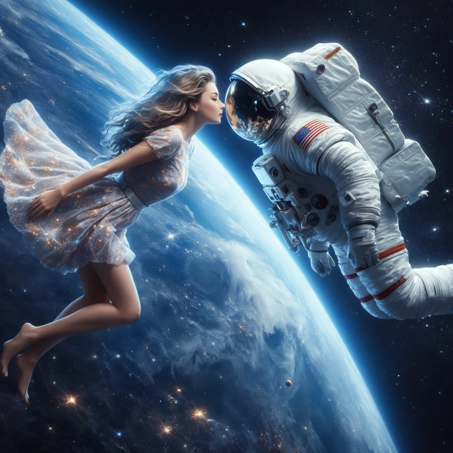 arafed image of a woman in a dress and an astronaut in the space, girl in the space, floating in the space, space walk scene, space walk, space travel, in the space, space dream, flotando in the space exterior, of space travel, drifting in the space, flotando in the space, on the astral plane ) ) ), 4k post, 4k post, in the space