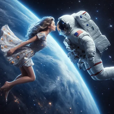 arafed image of a woman in a dress and an astronaut in the space, girl in the space, floating in the space, space walk scene, sp...