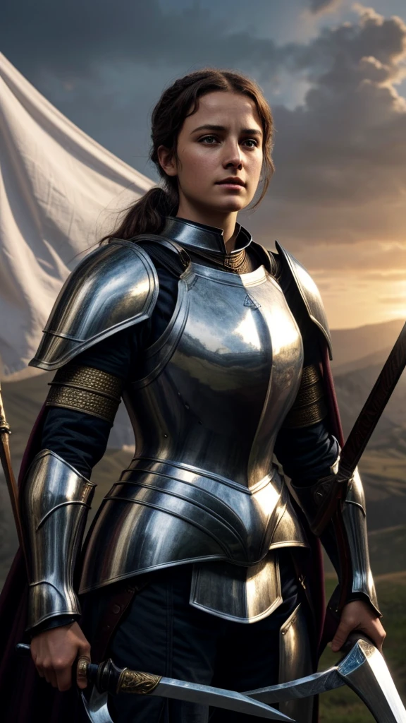 "Generate a highly realistic and stunningly beautiful image of Joan of Arc. The image should be ultra-high definition and look like a photograph. Joan of Arc should have an incredibly beautiful face, with strong, noble features that capture her bravery and determination. She should be depicted in her iconic armor, holding a banner or sword, and the background should reflect a medieval setting. Ensure there are no sexualized elements in the depiction."