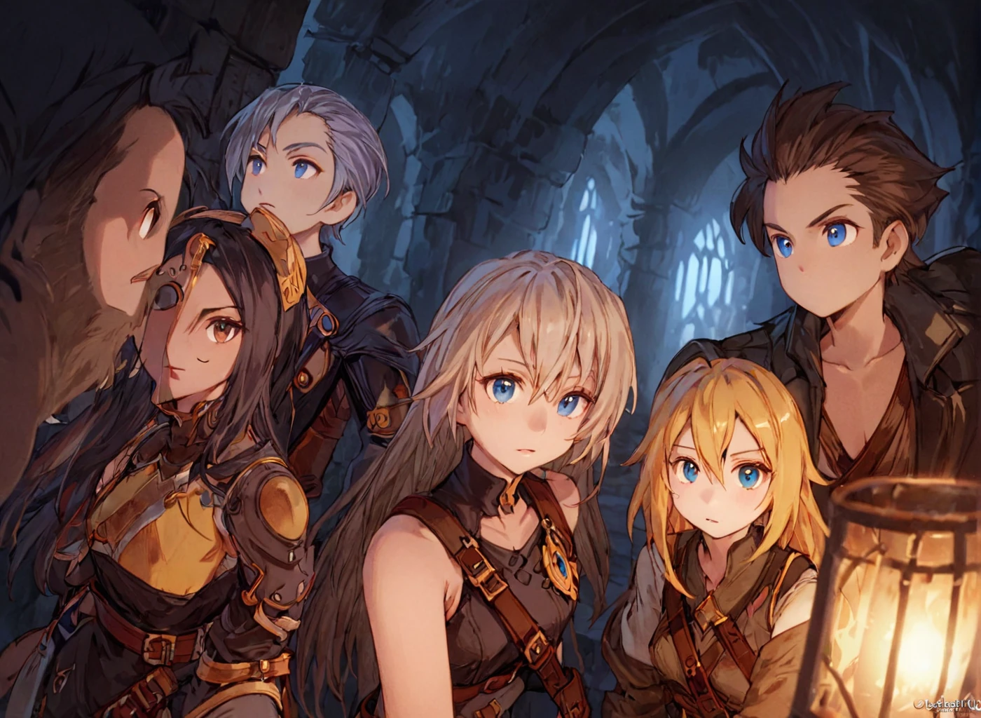 a group of adventurers exploring a dungeon, (masterpiece), best quality, highres, 4k, 8k, intricate detail, cinematic lighting, amazing quality, amazing shading, soft lighting, Detailed Illustration, official artwork, anime style, wallpaper, official art, ultra detailed skin, ultra detailed face, perfect eyes, small skin imperfections