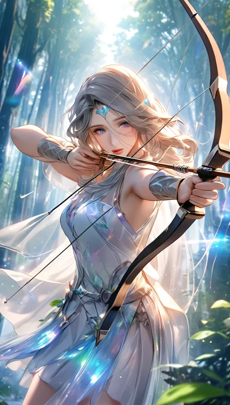 best quality, super fine, 16k, 2.5D, delicate and dynamic depiction, beautiful game character archer shoots with sacred bow and ...