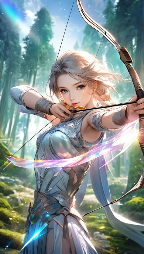 best quality, super fine, 16k, 2.5D, delicate and dynamic depiction, beautiful game character archer shoots with sacred bow and ...