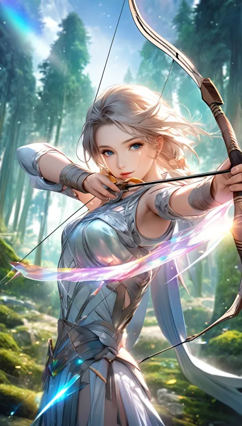 best quality, super fine, 16k, 2.5d, delicate and dynamic depiction, beautiful game character archer shoots with sacred bow and ...