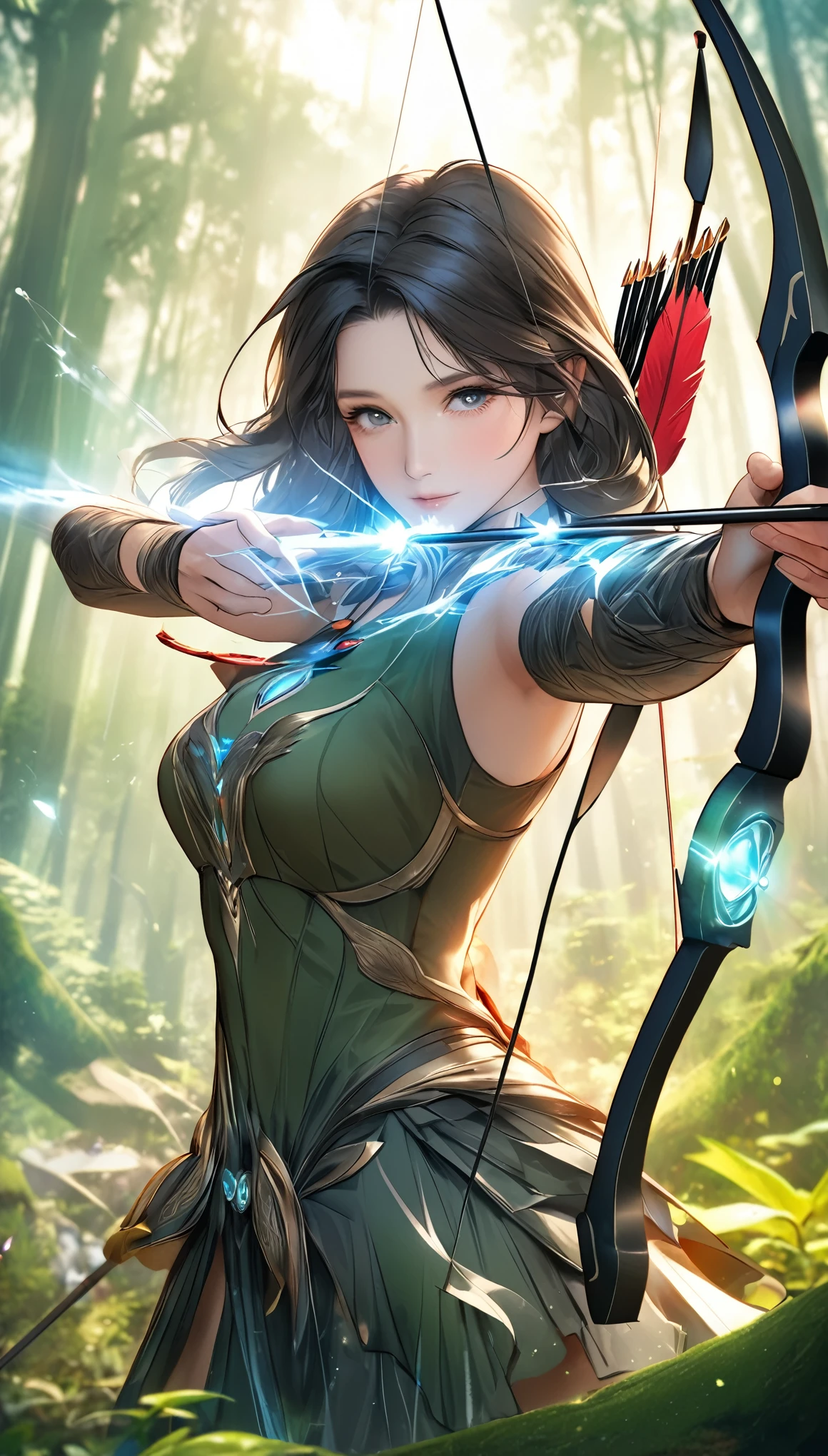 best quality, super fine, 16k, 2.5D, delicate and dynamic depiction, beautiful game character archer shoots with sacred bow and arrow, transparent and translucent and iridescent barrier creating crack, game production effects, the mysterious background of forest and city coexistence, fantasy world, prime lenses, lens filters, clear subject