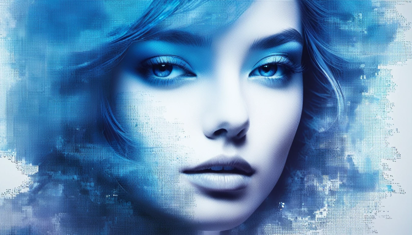 美丽女人的蓝色渐变色溶解像素墙&#39;头，3D 体素块，一开始就完整的结构, 但逐渐消散在空气中，阳光透过部分凹陷，背景宇宙全息空间