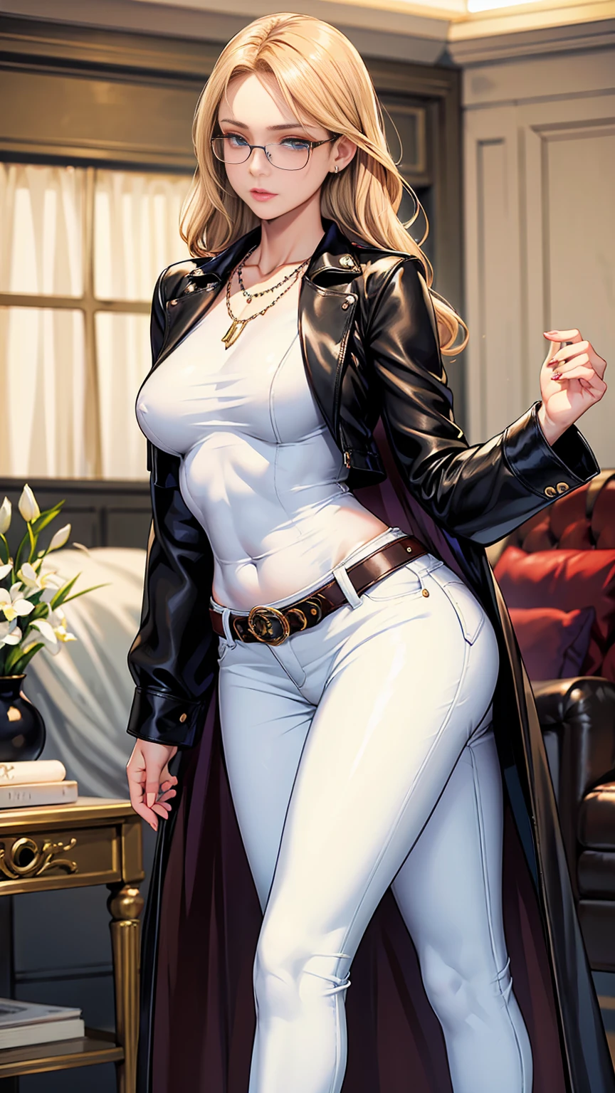 Beautiful girl with mid straight blond hair with blue eyes wearing Tight Jeans Skirt With Leather Belt, White Mid Sleeves Secretary Shirt, luxurious jewelry and luxurious necklace, rimless glasses, high heel boots, standing in her living room at night, (caucasian skin), (light brown lipstick), (elegant mascara), (slim body with abs), (small breasts), (wide hips), midjourney, <lora:GoodHands-, <lora:GoodLegs-, UHD, high resolution, (masterpiece:1.9, best quality), (expressive eyes, perfect face, full body, expressive face, perfect body, perfect pussy, athletic, fit, slim body, blushing, Perfect makeup, eyeliner, beautiful eyelashes, smiling, horny face), ((best illumination, best shadows)), ((sexy pose)), ((13 years old))
