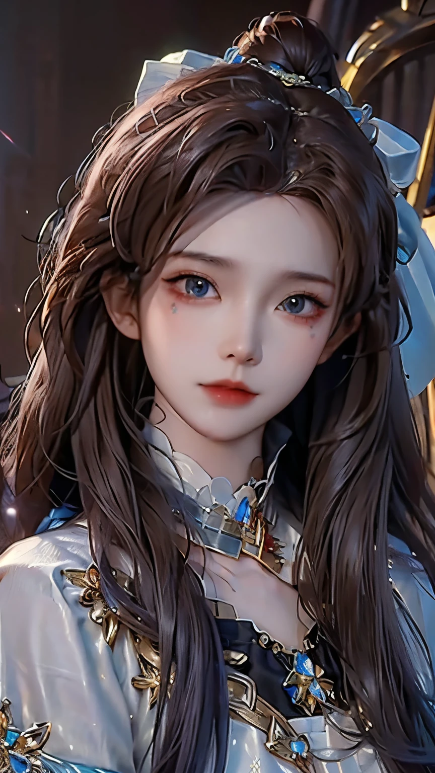 charming, ultra-detailed, illustration, complicated, detailed, extremely detailed, detailed face, Soft Lighting, Soft Light, Soft Focus, Perfect face, beautiful, Accurate anatomy, Overexposure, 8K, 4K, (high resolution:1.1), best quality, (masterpiece:1.3), 1 girl, solitary, Jewelry, Brown eyes, Looking at the audience, earrings, White hair, Bangs, necklace, Residence, portrait, watch, Hair accessories, Simple background, Gray background, Long hair, Headrest, Lips, hair bow, black necklace, bow, eyelash