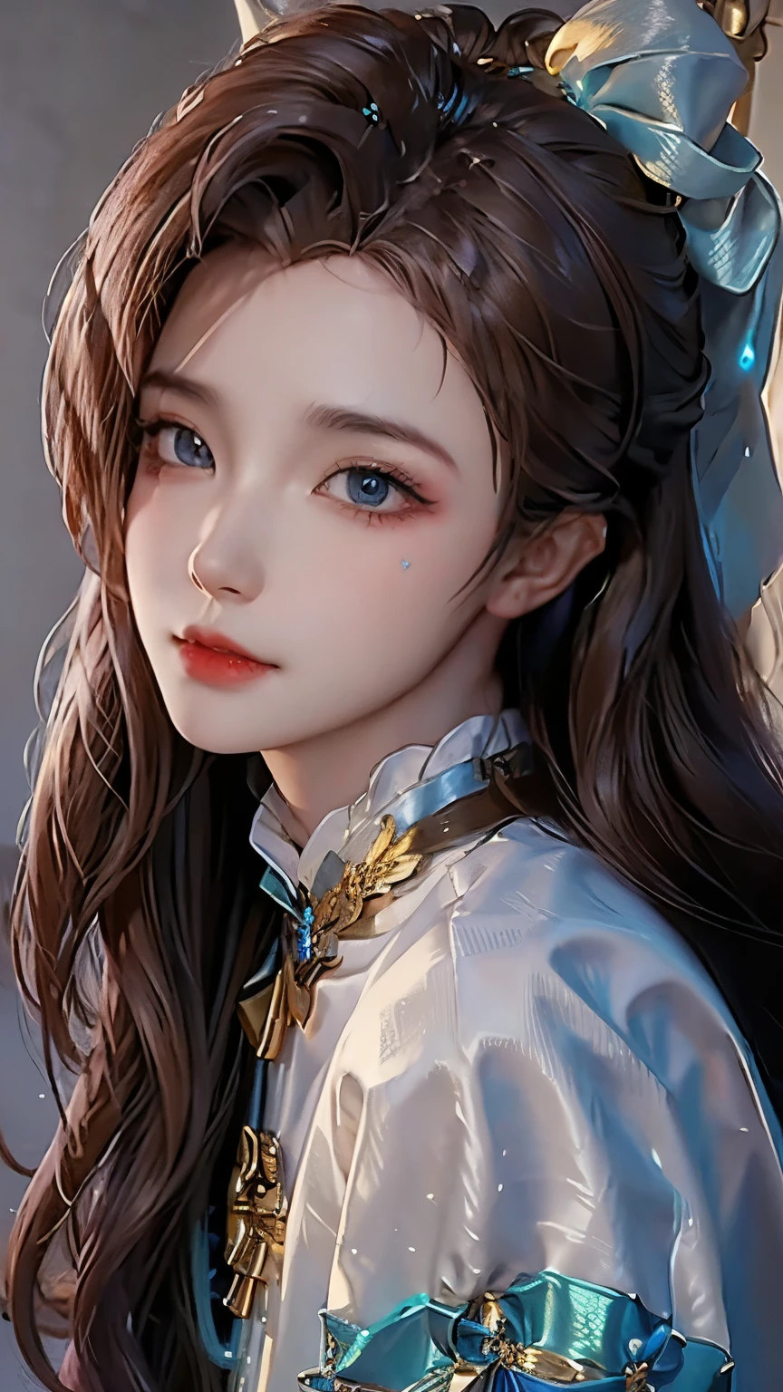 charming, ultra-detailed, illustration, complicated, detailed, extremely detailed, detailed face, Soft Lighting, Soft Light, Soft Focus, Perfect face, beautiful, Accurate anatomy, Overexposure, 8K, 4K, (high resolution:1.1), best quality, (masterpiece:1.3), 1 girl, solitary, Jewelry, Brown eyes, Looking at the audience, earrings, White hair, Bangs, necklace, Residence, portrait, watch, Hair accessories, Simple background, Gray background, Long hair, Headrest, Lips, hair bow, black necklace, bow, eyelash