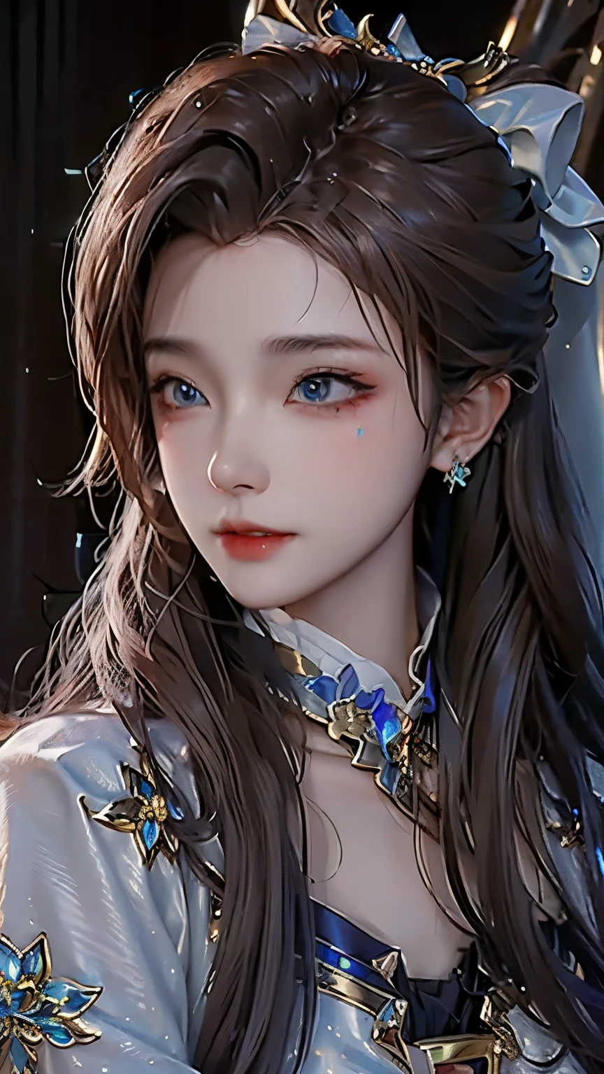 charming, ultra-detailed, illustration, complicated, detailed, extremely detailed, detailed face, Soft Lighting, Soft Light, Soft Focus, Perfect face, beautiful, Accurate anatomy, Overexposure, 8K, 4K, (high resolution:1.1), best quality, (masterpiece:1.3), 1 girl, solitary, Jewelry, Brown eyes, Looking at the audience, earrings, White hair, Bangs, necklace, Residence, portrait, watch, Hair accessories, Simple background, Gray background, Long hair, Headrest, Lips, hair bow, black necklace, bow, eyelash