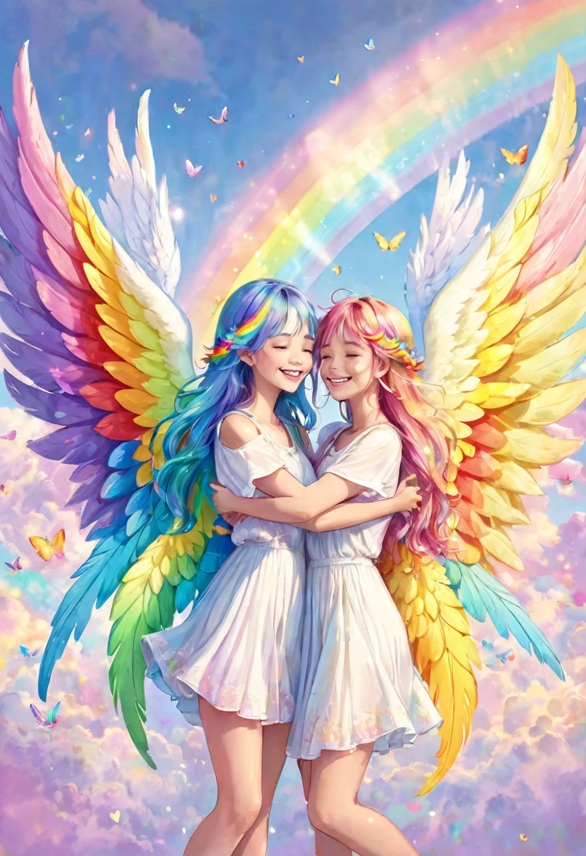 Angels with rainbow colored wings in pastel colors smiling, hugging earth, happiness, smiles, love, Perfect lighting, surrounded by light