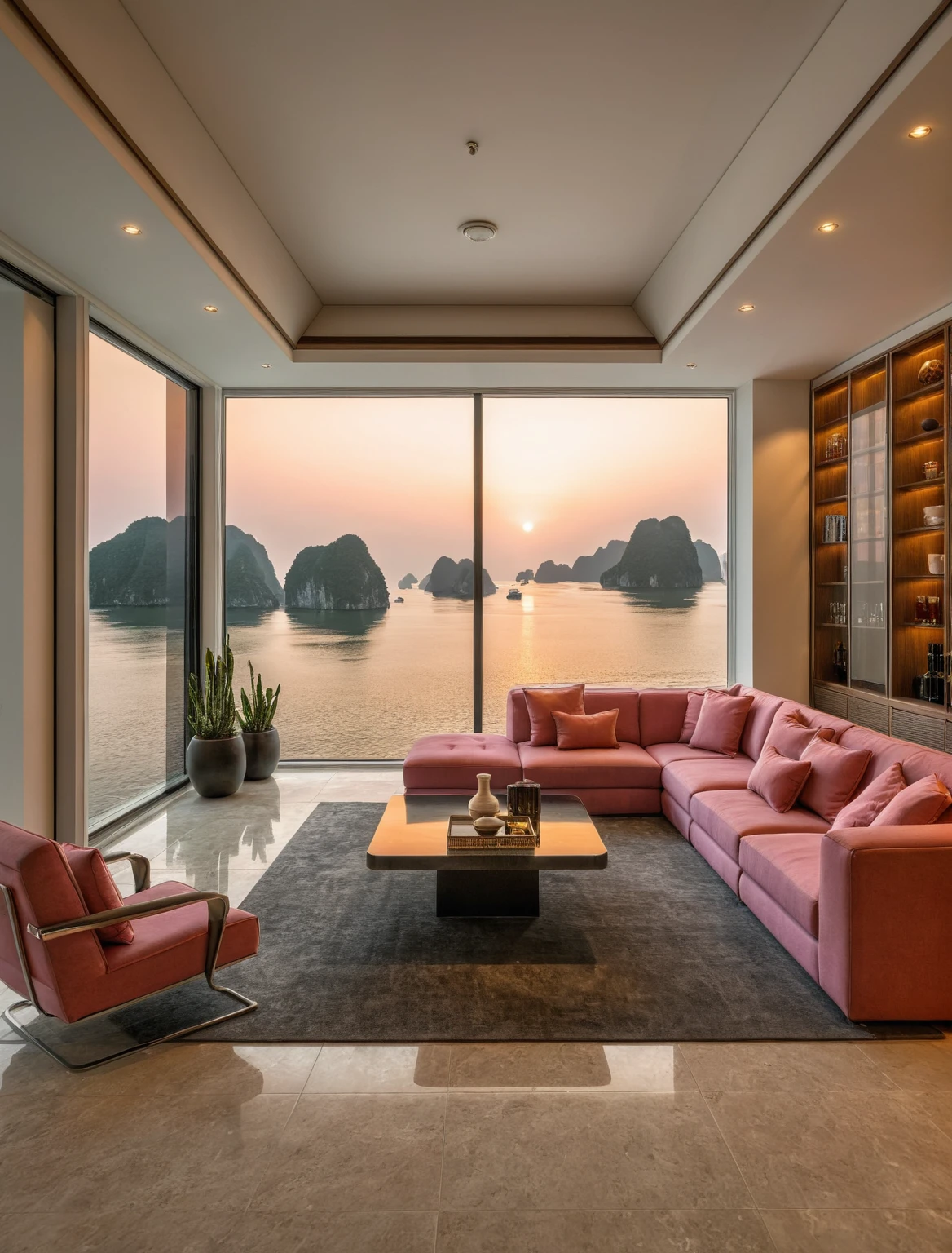 Raw photo,Masterpiece, high quality, best quality, authentic, super detail, interior, livingroom style modern luxury , sunset, evening light, sofa, tea table, carpet, flower vase on tea table, wine bottle, tray, armchair, wine cabinet, books, glass cabinet doors, snake plant pot, downlight, windows overlooking the sunset halong bay, (((black and pink tones))), floor tones black