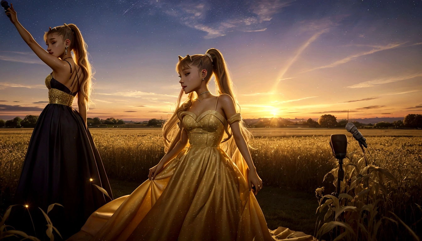 Ariana Grande, a pretty woman in a long dress singing into a microphone in a field, blonde ponytail, foreground background, performing, flowing gown, wearing a dress made of stars, bathed in golden light, sunset