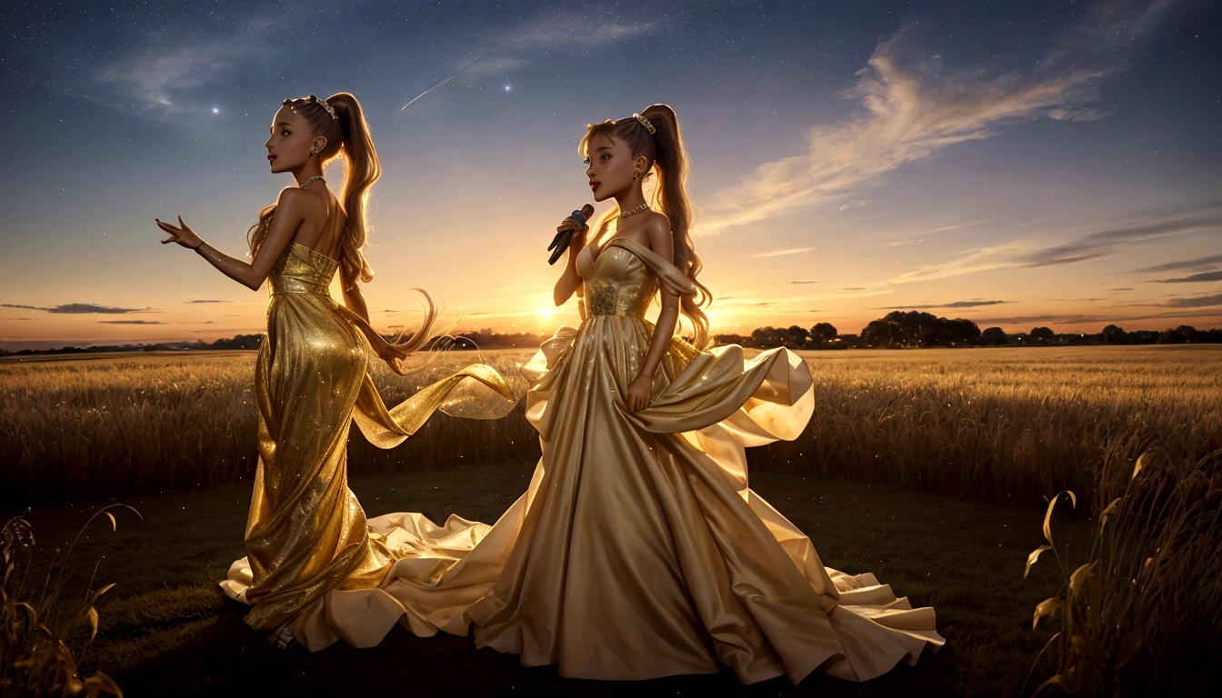 Ariana Grande, uma mulher bonita em um vestido longo cantando em um microfone em um campo, Rabo de cavalo loiro, fundo plano, atuando, Vestido esvoaçante, usando um vestido feito de estrelas, banhado em luz dourada, pôr do sol