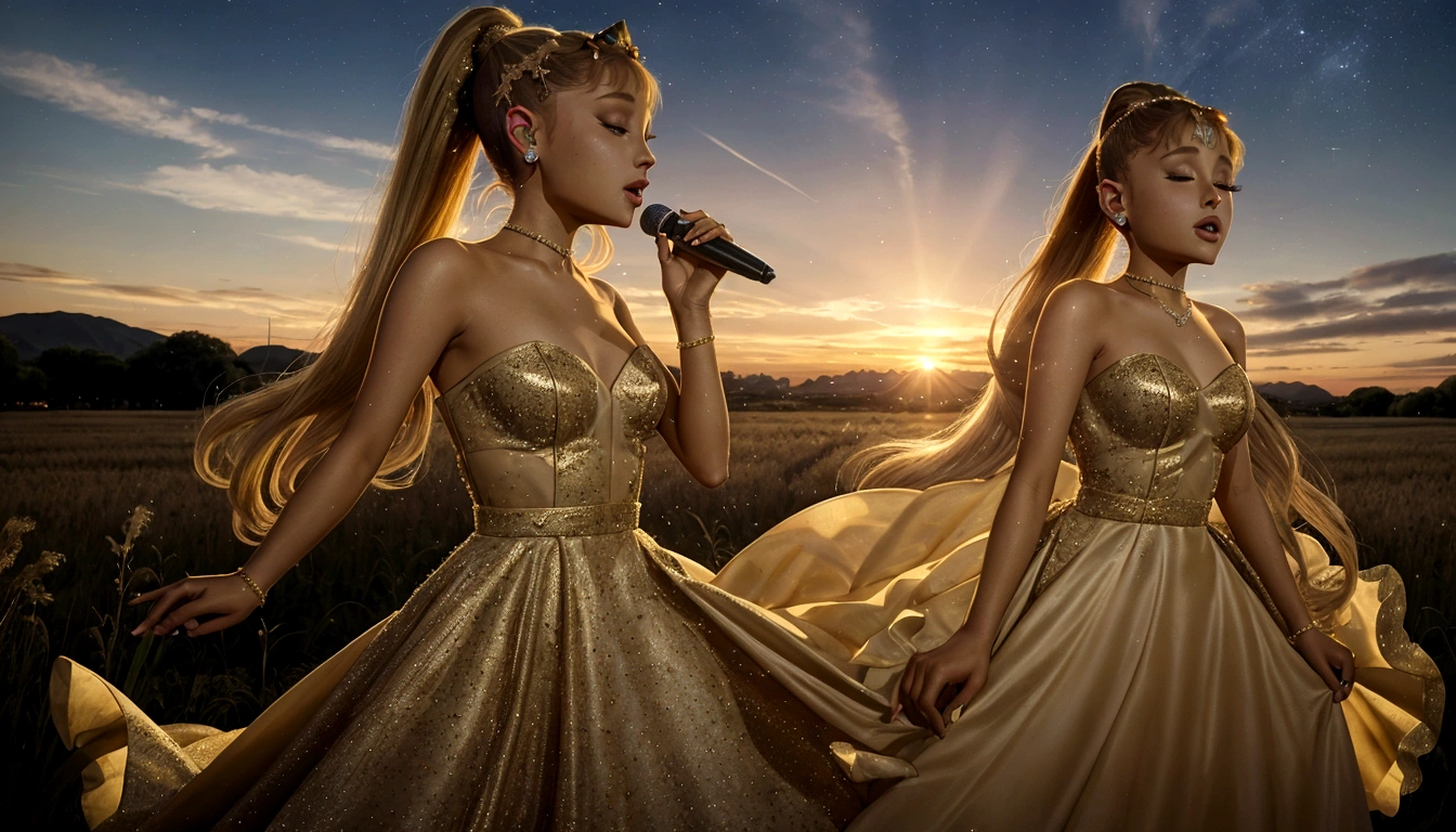 Ariana Grande, a pretty woman in a long dress singing into a microphone in a field, blonde ponytail, foreground background, performing, flowing gown, wearing a dress made of stars, bathed in golden light, sunset