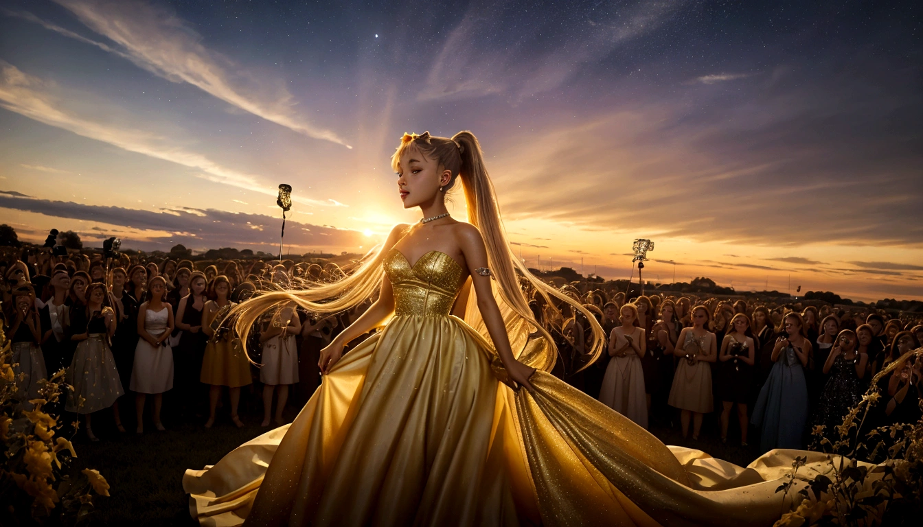 Ariana Grande, uma mulher bonita em um vestido longo cantando em um microfone em um campo, Rabo de cavalo loiro, fundo plano, atuando, Vestido esvoaçante, usando um vestido feito de estrelas, banhado em luz dourada, pôr do sol