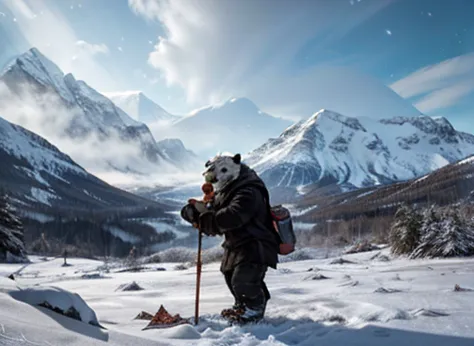 A humanoid polar bear is hunting its food . In the scenario there are immense frozen mountains. The soil and frozen environment...